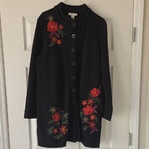 Coldwater Creek Black Sweatshirt Jacket w/ Floral Embroidery - NWOT